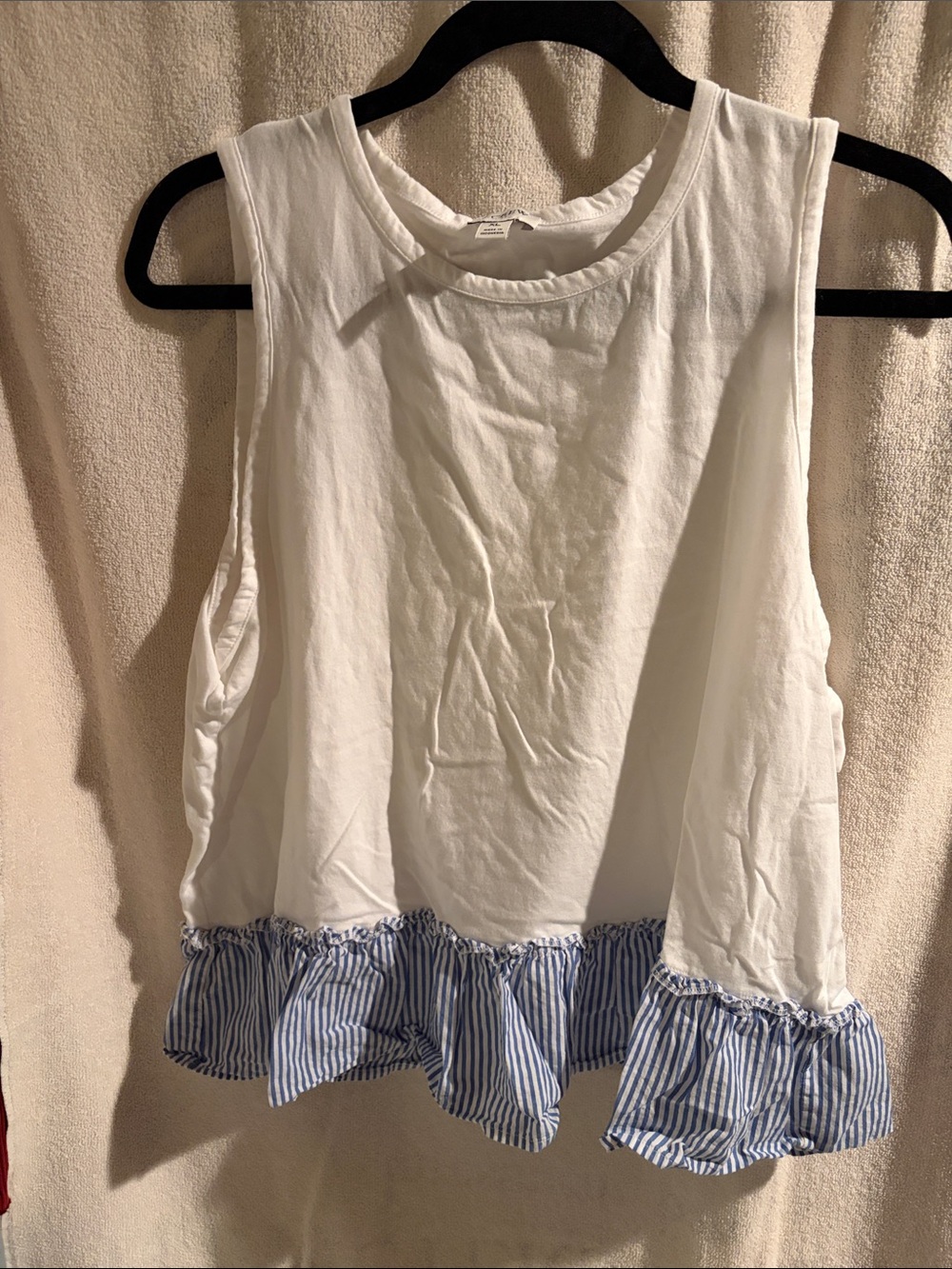 J. Crew White Tank with Blue Striped Ruffle Hemline